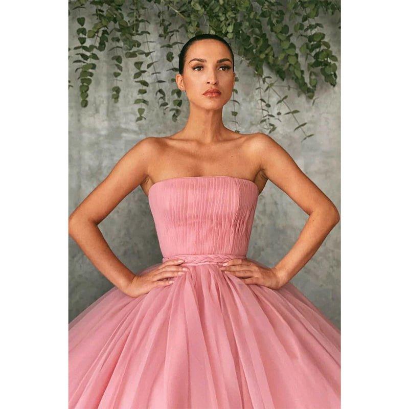 Ball Gown Pink Tulle Strapless Long Prom Evening Dress