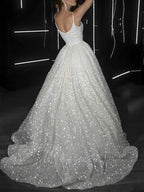 Ball Gown Prom Dresses Glittering Dress Wedding Party Court Train Sleeveless Spaghetti Strap Tulle with Sequin
