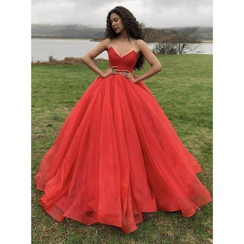 Ball Gown Red Tulle V-neck Long Prom Dress Formal Evening Gowns