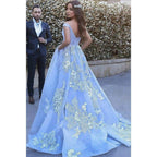 Ball Gown Sky Blue Tulle Appliques Long Prom Dress with Pockets