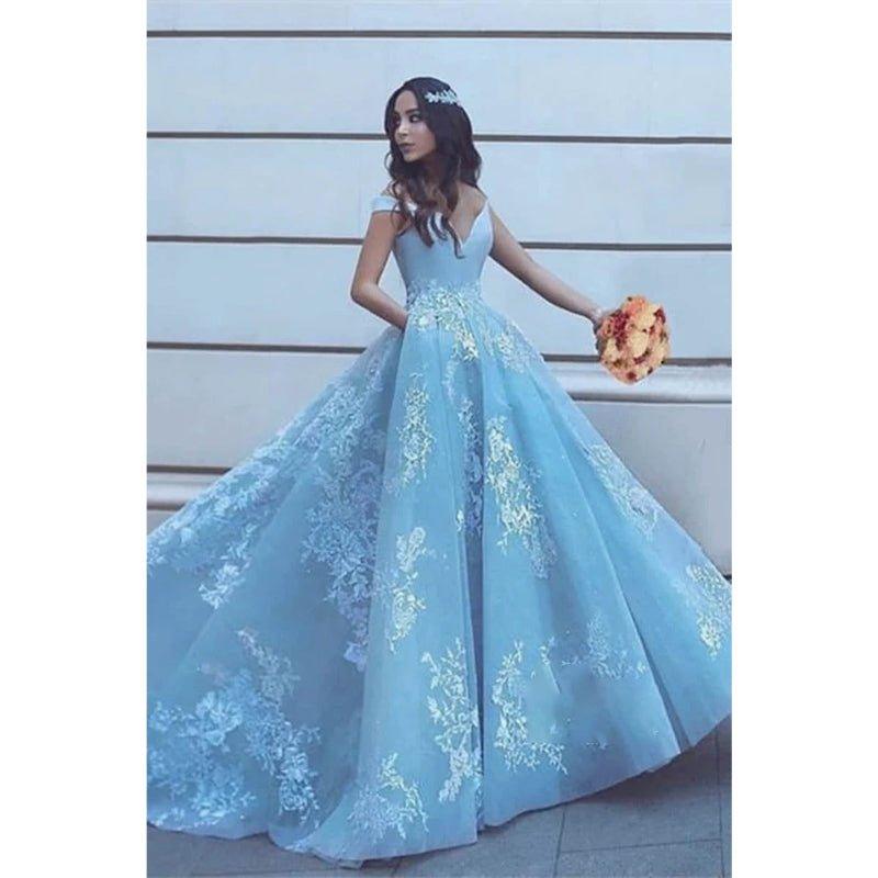 Ball Gown Sky Blue Tulle Appliques Long Prom Dress with Pockets