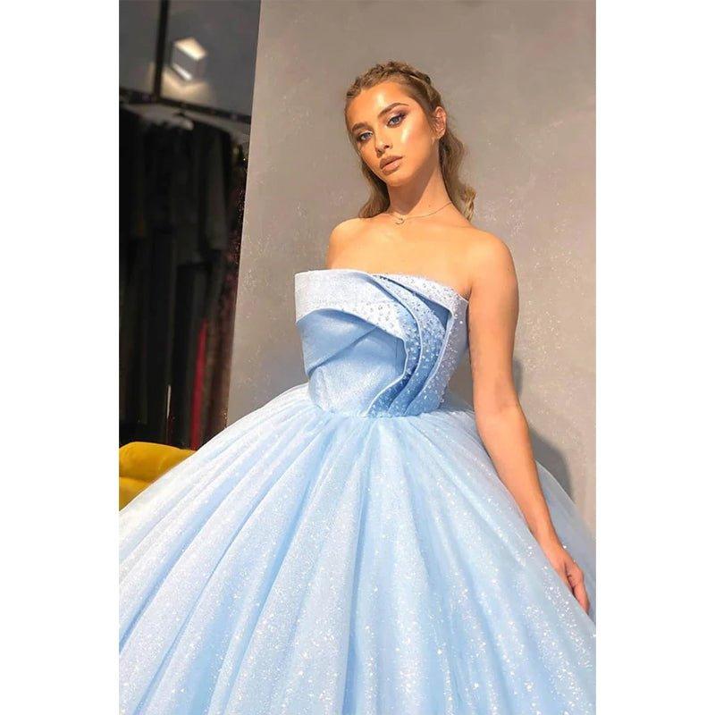 Ball Gown Sky Blue Tulle Beaded Strapless Long Sparkle Prom Dress Formal Evening Gowns
