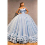 Ball Gown Sky Blue Tulle Beaded Strapless Long Sparkle Prom Dress Formal Evening Gowns