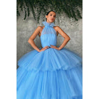 Ball Gown Sky Blue Tulle High Neck Long Prom Dress Formal Evening Gowns