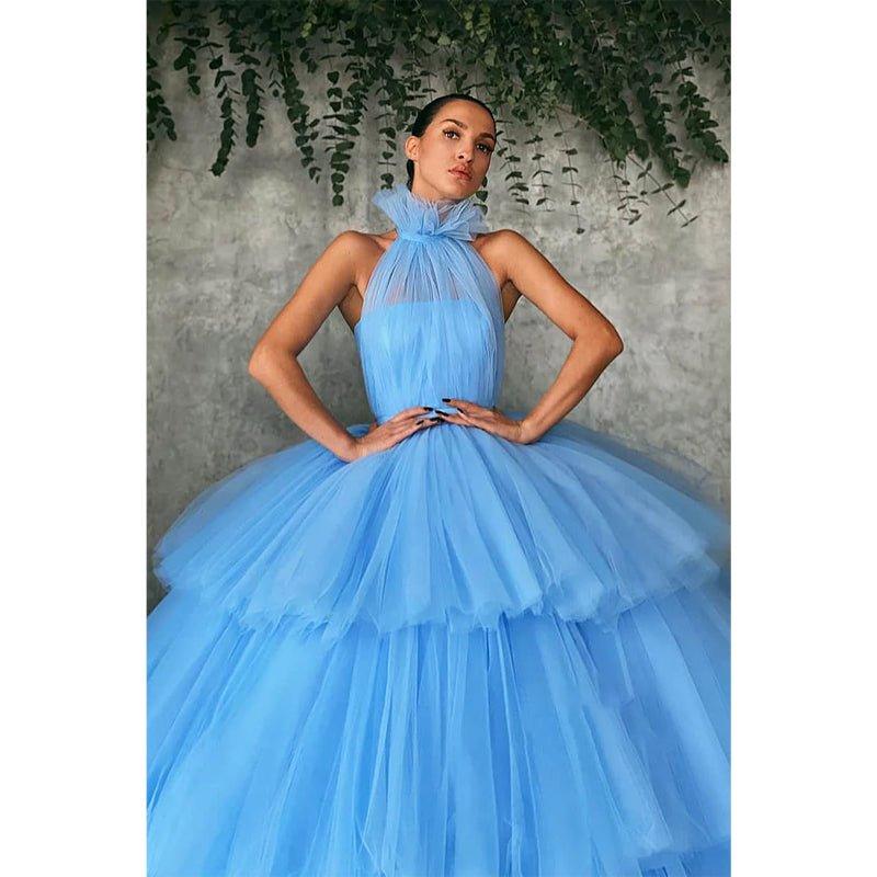 Ball Gown Sky Blue Tulle High Neck Long Prom Dress Formal Evening Gowns