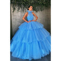 Ball Gown Sky Blue Tulle High Neck Long Prom Dress Formal Evening Gowns
