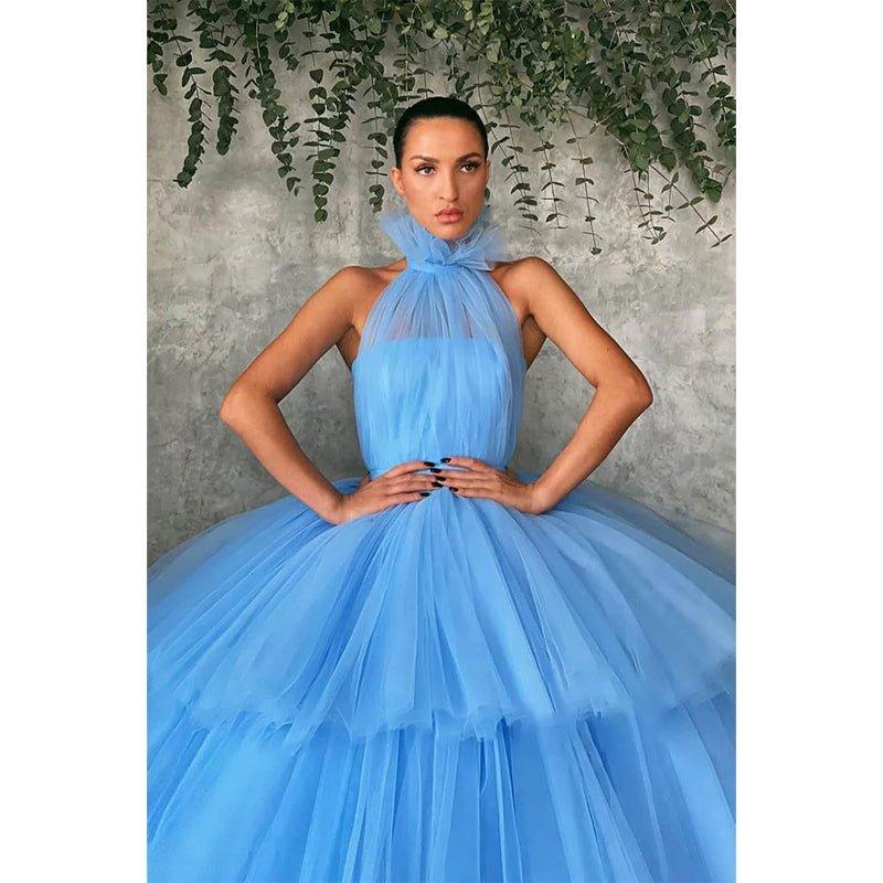 Ball Gown Sky Blue Tulle High Neck Long Prom Dress Formal Evening Gowns