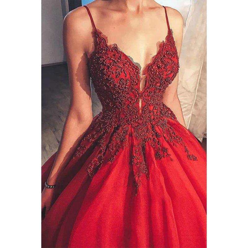 Ball Gown Spaghetti Straps Beaded Burgundy Tulle Long Prom Dress Formal Evening Gowns