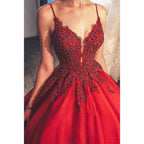 Ball Gown Spaghetti Straps Beaded Burgundy Tulle Long Prom Dress Formal Evening Gowns