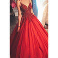 Ball Gown Spaghetti Straps Beaded Burgundy Tulle Long Prom Dress Formal Evening Gowns