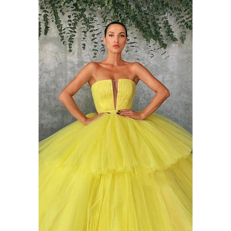 Ball Gown Strapless Yellow Tulle Long Prom Dress