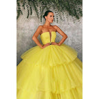Ball Gown Strapless Yellow Tulle Long Prom Dress