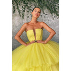 Ball Gown Strapless Yellow Tulle Long Prom Dress