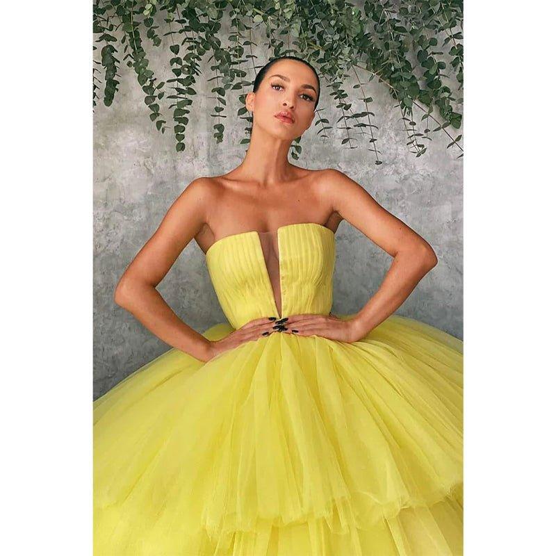 Ball Gown Strapless Yellow Tulle Long Prom Dress