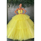 Ball Gown Strapless Yellow Tulle Long Prom Dress