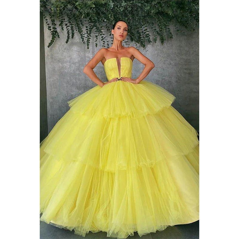 Ball Gown Strapless Yellow Tulle Long Prom Dress