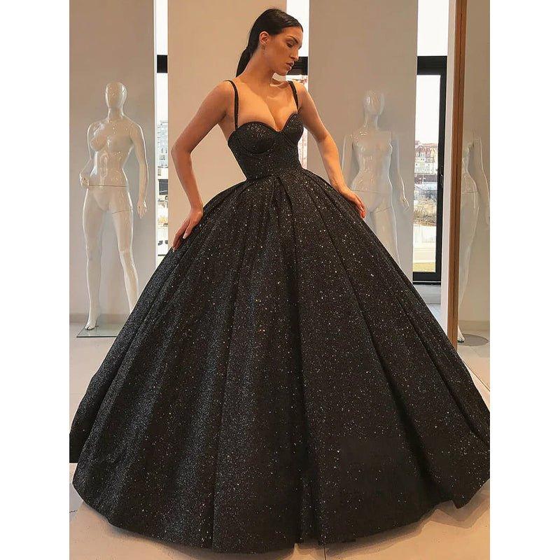 Ball Gown Sweetheart Spaghetti Straps Black Sparkle Formal Evening Dress