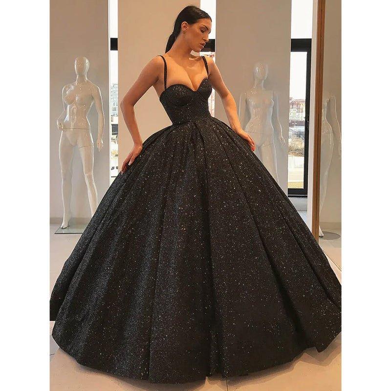 Ball Gown Sweetheart Spaghetti Straps Black Sparkle Formal Evening Dress