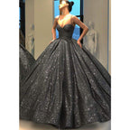 Ball Gown Sweetheart Spaghetti Straps Black Sparkle Prom Dress Formal Evening Gowns