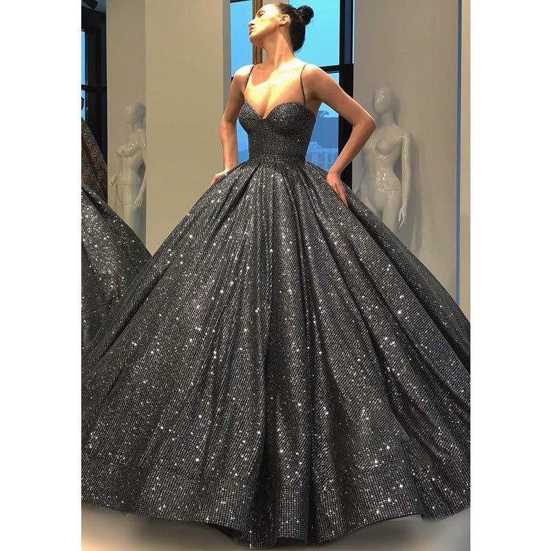 Ball Gown Sweetheart Spaghetti Straps Black Sparkle Prom Dress Formal Evening Gowns