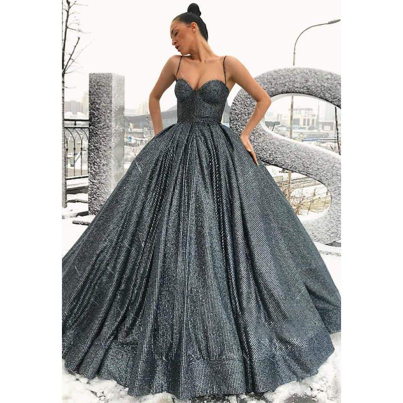 Ball Gown Sweetheart Spaghetti Straps Black Sparkle Prom Dress Formal Evening Gowns