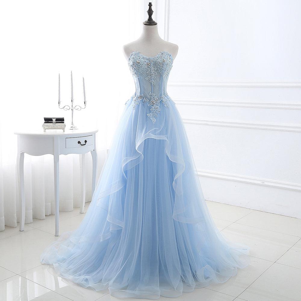 Ball Gown Sweetheart Tulle Sky Blue Prom Dress with Sequins