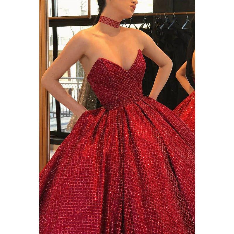 Ball Gown V-neck Burgundy Long Formal Evening Dress with Pockets
