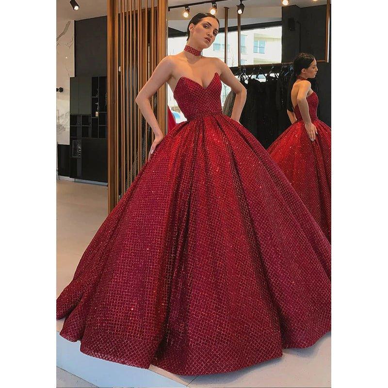 Ball Gown V-neck Burgundy Long Formal Evening Dress with Pockets