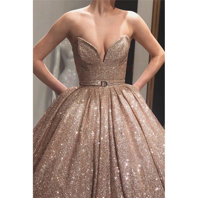 Ball Gown V-neck Gold Sequined Long Formal Evening Dress with Pockets Prom Dress
