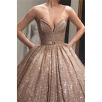 Ball Gown V-neck Gold Sequined Long Formal Evening Dress with Pockets Prom Dress