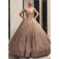 Ball Gown V-neck Gold Sequined Long Formal Evening Dress with Pockets Prom Dress
