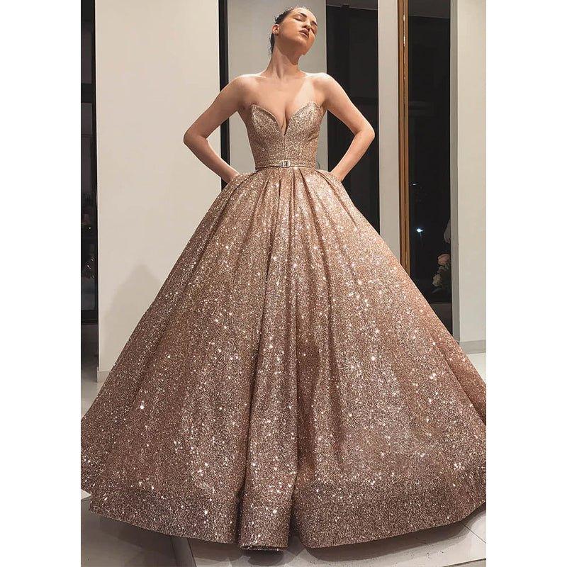 Ball Gown V-neck Gold Sequined Long Formal Evening Dress with Pockets Prom Dress
