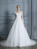 Ball Gown V-neck Long Sleeves Court Train Lace Tulle Wedding Dresses