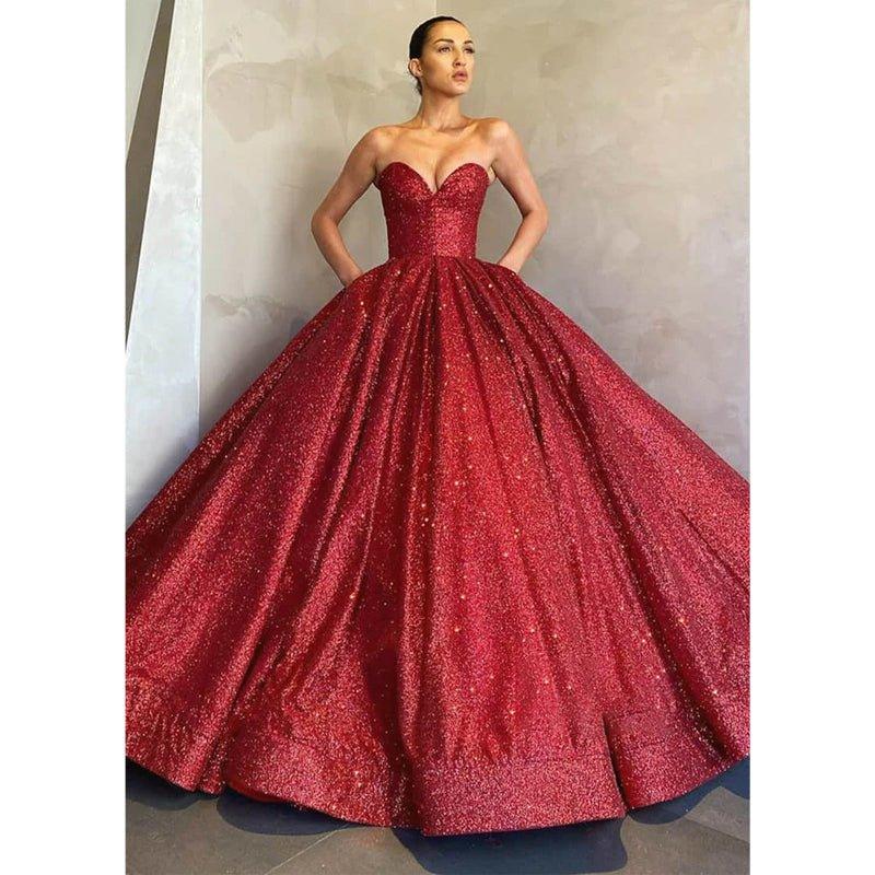 Ball Gown V-neck Sparkle Prom Dress with Pockets Formal Evening Dress