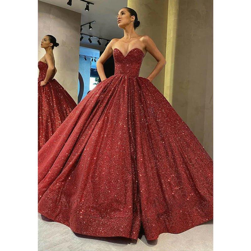 Ball Gown V-neck Sparkle Prom Dress with Pockets Formal Evening Dress