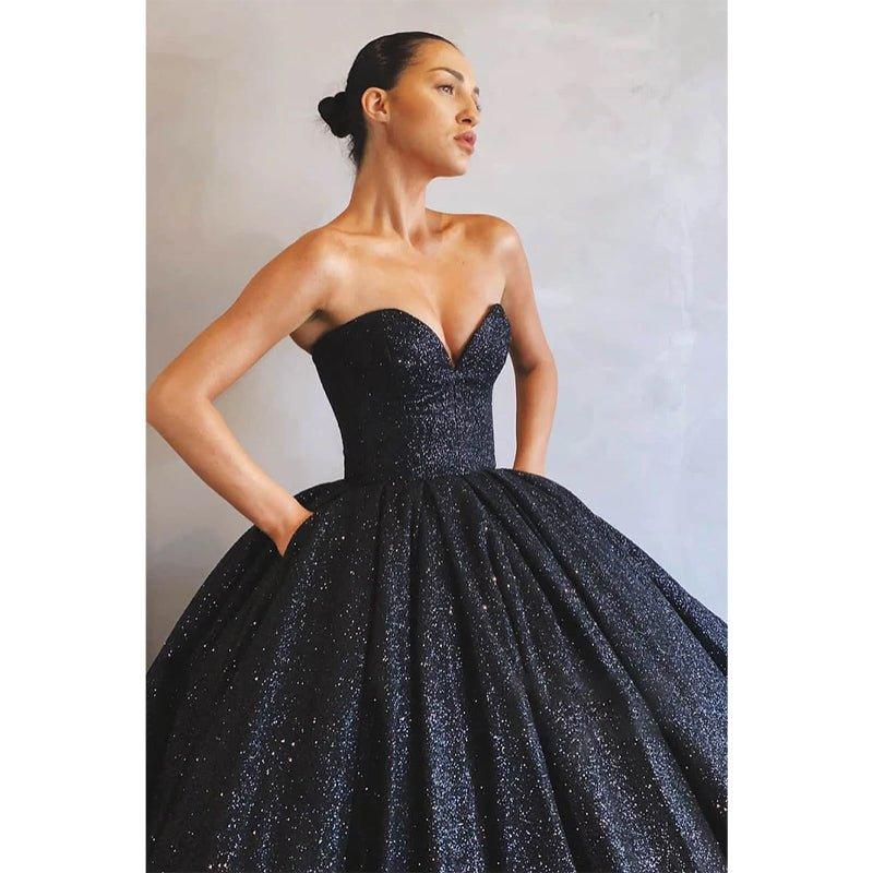 Ball Gown V-neck Sparkle Prom Dress with Pockets Formal Evening Dress