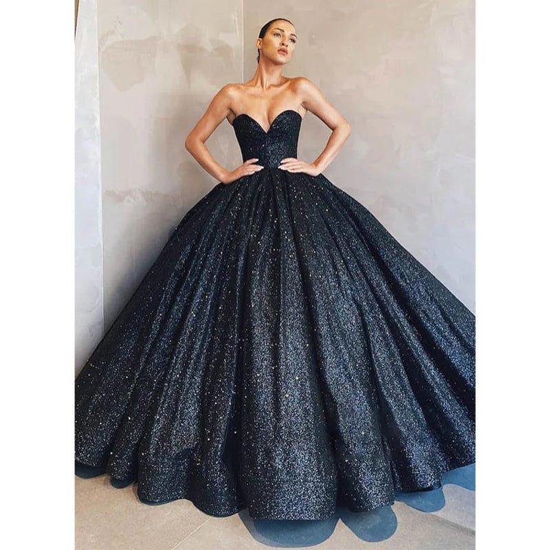 Ball Gown V-neck Sparkle Prom Dress with Pockets Formal Evening Dress