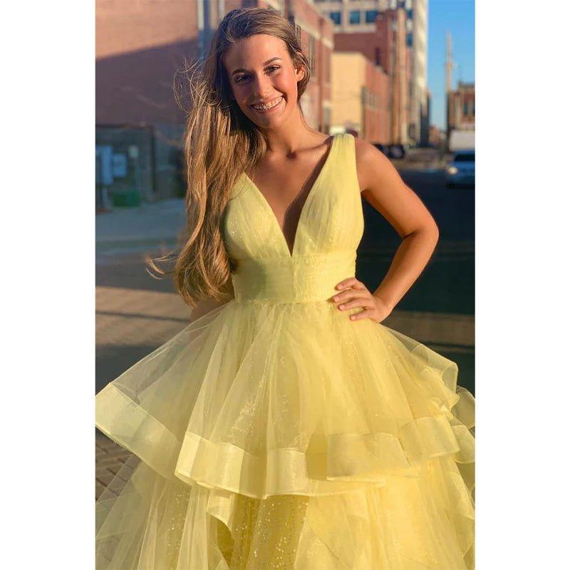 Ball Gown Yellow Tulle Attractive V-neck Long Senior Prom Dress Pageant Dress