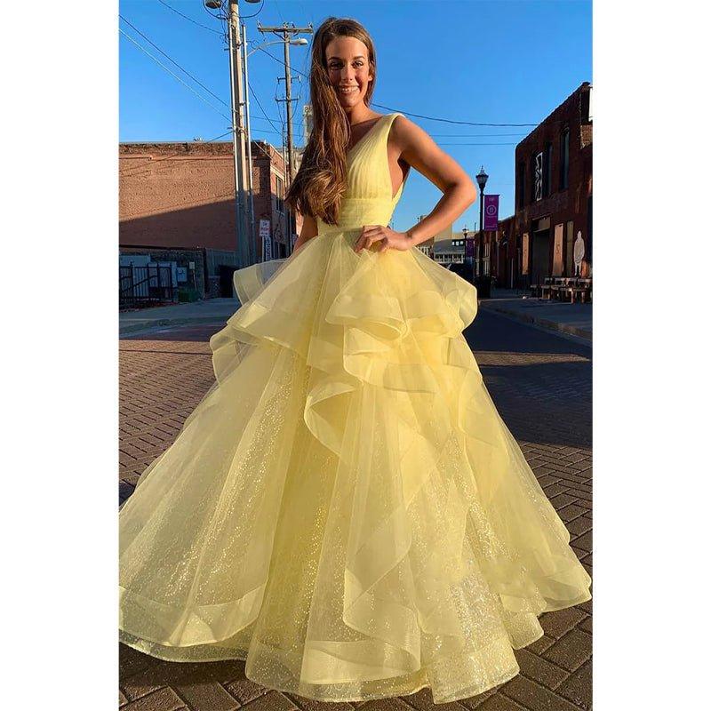 Ball Gown Yellow Tulle Attractive V-neck Long Senior Prom Dress Pageant Dress