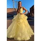 Ball Gown Yellow Tulle Attractive V-neck Long Senior Prom Dress Pageant Dress