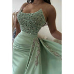 Bateau Strapless Beaded with Side Slit Party Prom Evening Dress