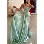 Bateau Strapless Beaded with Side Slit Party Prom Evening Dress