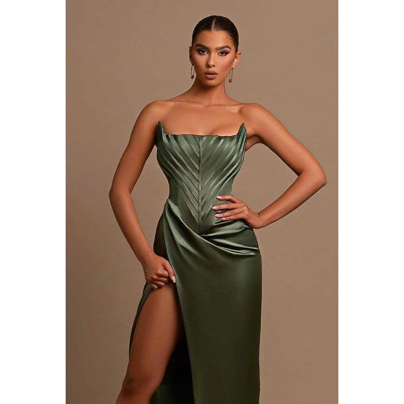 Bateau Strapless Ruched Sheath Long Prom Evening Dress With Slit