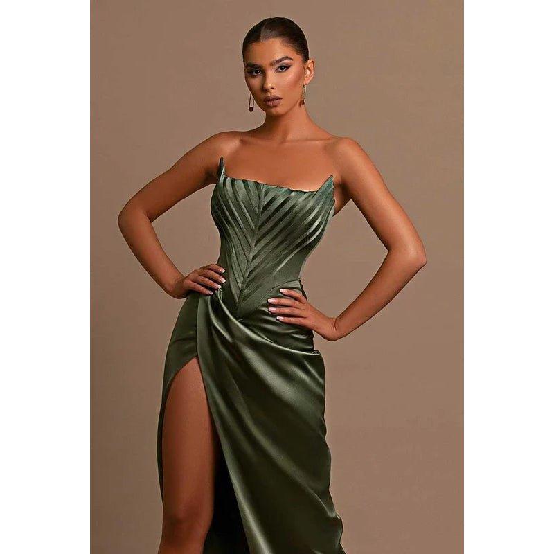 Bateau Strapless Ruched Sheath Long Prom Evening Dress With Slit