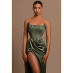 Bateau Strapless Ruched Sheath Long Prom Evening Dress With Slit