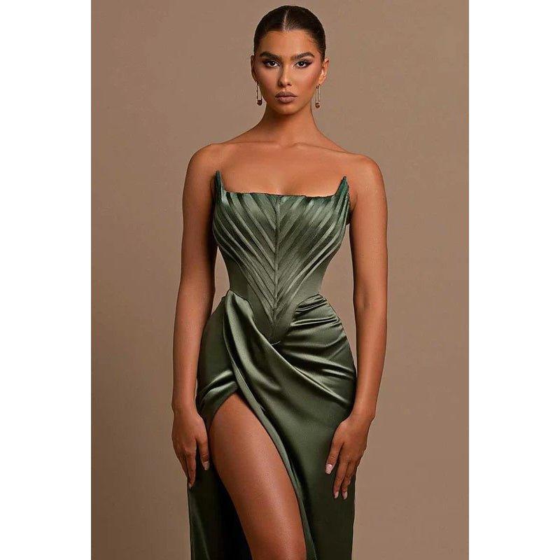 Bateau Strapless Ruched Sheath Long Prom Evening Dress With Slit