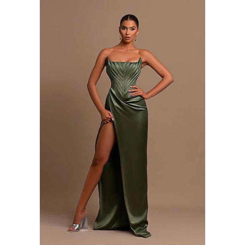Bateau Strapless Ruched Sheath Long Prom Evening Dress With Slit