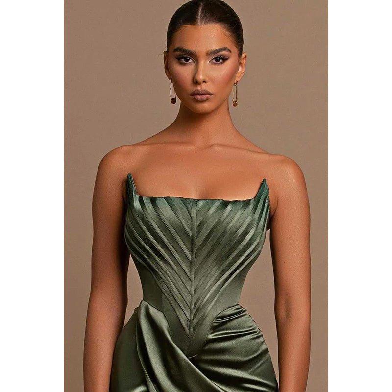 Bateau Strapless Ruched Sheath Long Prom Evening Dress With Slit