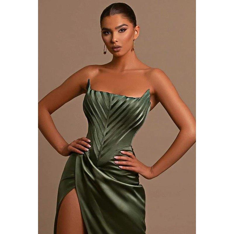 Bateau Strapless Ruched Sheath Long Prom Evening Dress With Slit