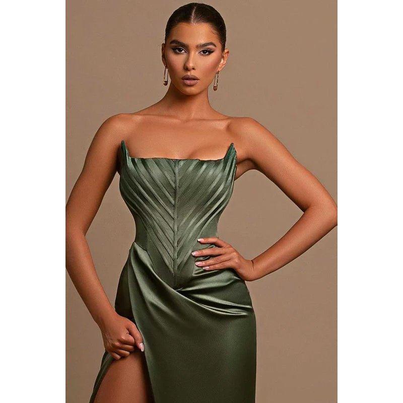 Bateau Strapless Ruched Sheath Long Prom Evening Dress With Slit